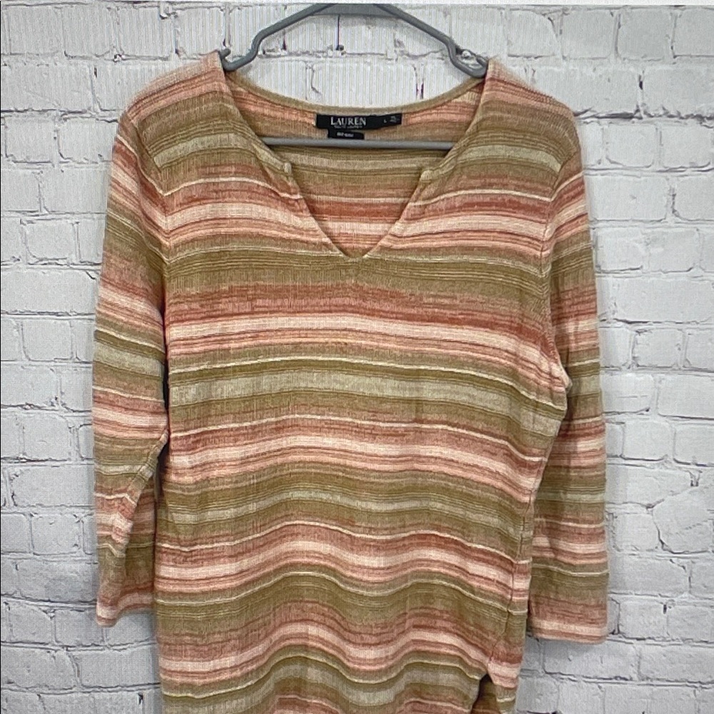 Lauren Ralph Lauren Striped Long Sleeve Top in Olive, Pink and Cream